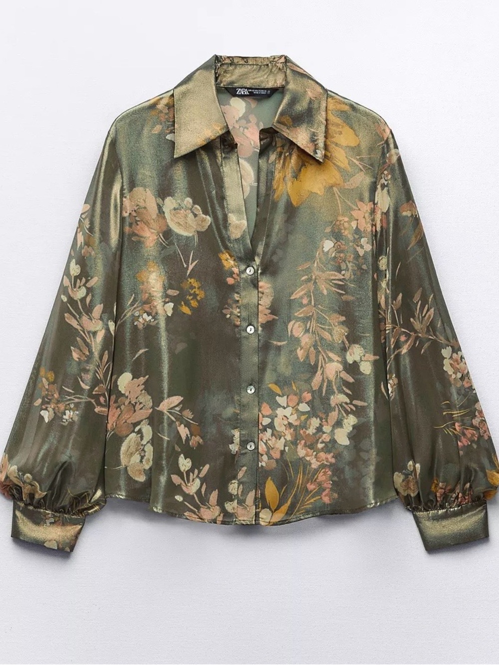 Zara Olive Floral Satin Button-Up Blouse